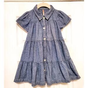 Sz 3T FABKIDS Chambray Medium Wash Denim Tiered Short-Sleeve Collar Button Dress